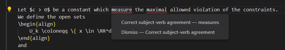 Grammarly suggesting corrections in a LaTeX document